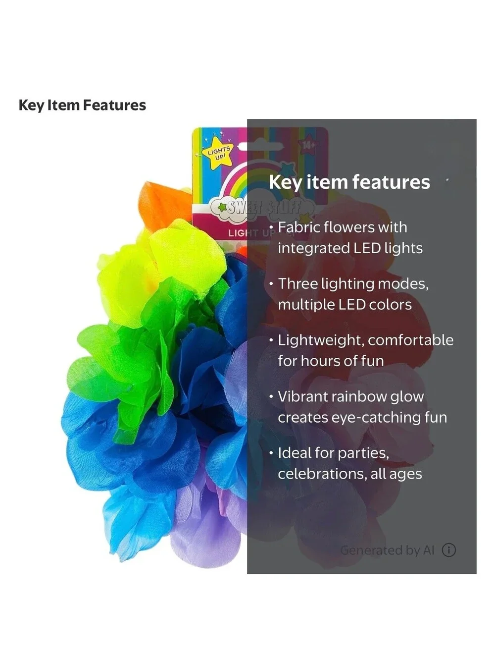 Sunshine Novelty Light Up Lei Rainbow Fabric Flowers with Lights